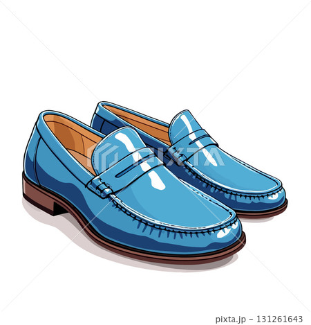 Vsai pair of stylish blue penny loafers casting a shadow on white background 131261643