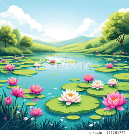 Vsai pink and white water lilies blooming in a serene lake surrounded by green hills Vsai pink and white water lilies blooming in a serene lake surrounded by green hills 131261771