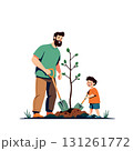 Vsai father and son planting a tree sapling together in a garden 131261772