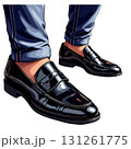 Vsai businessman wearing shiny black penny loafers and blue jeans 131261775