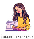 Vsai seamstress sewing pink fabric with sewing machine 131261895