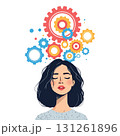 Vsai woman thinking with colorful gears rotating above her head 131261896