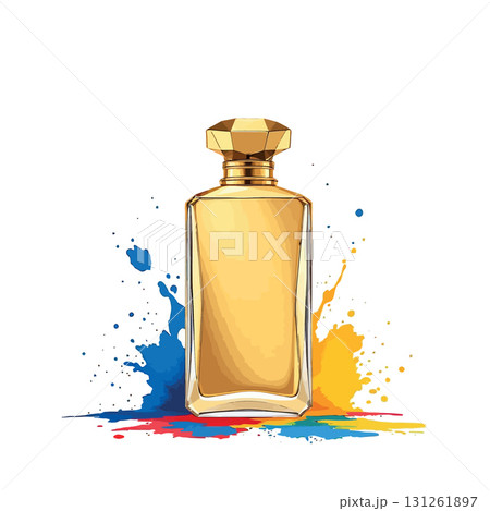 Vsai golden perfume bottle splashing with colorful paint Vsai golden perfume bottle splashing with colorful paint 131261897
