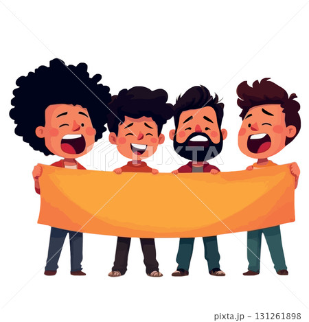 Vsai four boys holding empty banner and shouting loudly 131261898