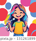 Vsai happy girl holding toothbrush showing healthy white teeth, promoting oral hygiene 131261899