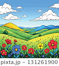 Vsai blooming hills and valleys under a cloudy sky, cartoon landscape 131261900