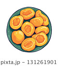 Vsai freshly cut apricots arranged on green plate, overhead view 131261901