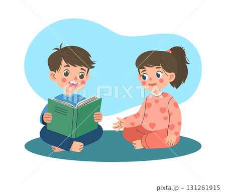 Kids reading book. Cute boy and girl read, child studying and learning. Education and knowledge for schoolboy. Teenager literature. Pupils together. Vector cartoon flat style isolated illustration 131261915