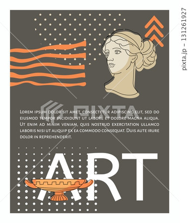 Art poster. Ancient classic traditional sculpture, marble architectural female head. Geometric background. Copy space for text, creative flyer design. Vector cartoon flat style isolated illustration 131261927