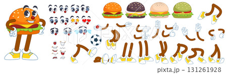 Hamburger mascot. Groovy character. Retro cartoon kit. Vintage 60s. Fast food. Cheeseburger with smile. Burger emotion. Hands and legs positions. Happy walking pose. Vector cartoon construction set 131261928