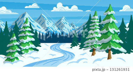 Winter pixel art. Snowy mountain landscape 8 bit. Blue sky. Fir trees. Snow road. Pixelated nature illustration. Frosty forest background. Vintage arcade app panorama. Vector retro garish game scenery Winter pixel art. Snowy mountain landscape 8 bit. Blue sky. Fir trees. Snow road. Pixelated nature illustration. Frosty forest background. Vintage arcade app panorama. Vector retro garish game scenery 131261931