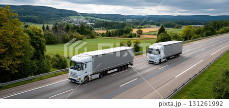 A large white truck travels down a highway surrounded by green fields and rolling hills on a cloudy afternoon. 131261992