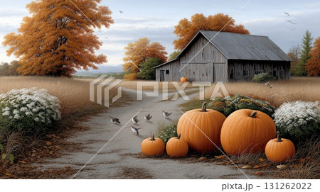 Colorful pumpkins are placed by a dirt path leading to a rustic barn surrounded by golden trees and gentle wildlife in autumn 131262022