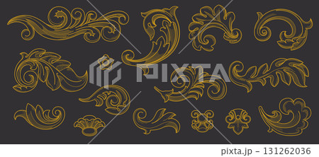 Victorian gold ornament. Flourishing frame. Wedding swirl. Antique certificate. Luxurious floral, leaf border. Invitation card decorative arabesque element. Vector vintage decor isolated objects set 131262036