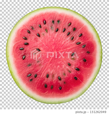 Juicy watermelon slice with red flesh and black seeds, green rind, summer fruit isolated on transparent background Juicy watermelon slice with red flesh and black seeds, green rind, summer fruit isolated on transparent background 131262049