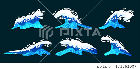 Wave cartoon set. Water splash in ocean. Swells for sea surfer. Big stream. Surfing on beach. Design of blue liquid, marine foam. Isolated landscape elements. Vector marine summer garish background 131262087