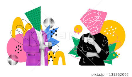 Halftone character with coffee. Contemporary collage. Pop retro design. Motivation poster. Abstract man with drink cup. Modern concept. Funky graphic geometric shapes. Vector urban garish background Halftone character with coffee. Contemporary collage. Pop retro design. Motivation poster. Abstract man with drink cup. Modern concept. Funky graphic geometric shapes. Vector urban garish background 131262093