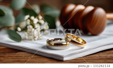 Two wedding rings on legal papers beside a gavel and flowers symbolize love and commitment in a formal setting 131262118