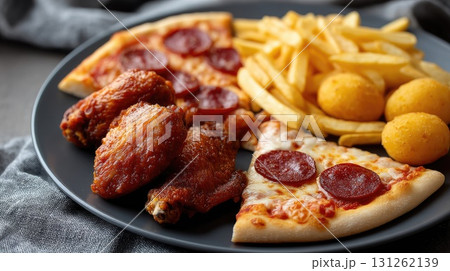 Delicious pepperoni pizza sits on a plate alongside crispy fries and tasty chicken wings, perfect for a casual meal or gathering 131262139