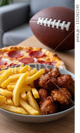 Delicious pepperoni pizza sits on a plate alongside crispy fries and tasty chicken wings, perfect for a casual meal or gathering 131262140