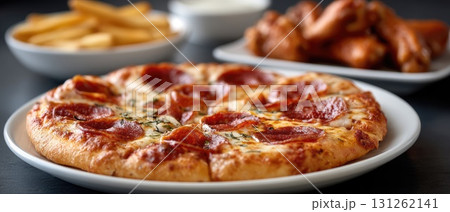 Delicious pepperoni pizza sits on a plate alongside crispy fries and tasty chicken wings, perfect for a casual meal or gathering 131262141