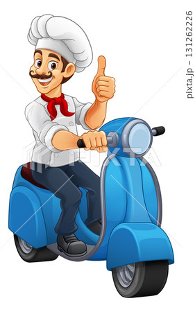Cartoon Food Delivery Chef Riding Blue Scooter Cartoon Food Delivery Chef Riding Blue Scooter 131262226