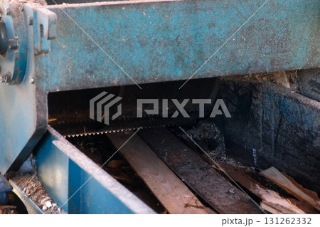 Wood scraps leftovers moving on conveyor belt to chopping machine timber plant. 131262332