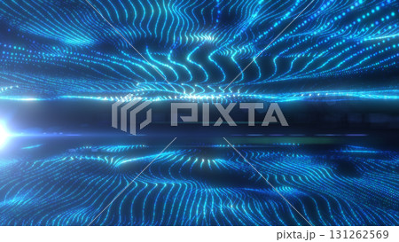 Abstract blue particle waves forming a digital glowing surface with futuristic energy flow 131262569
