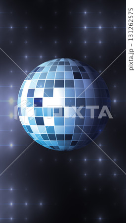 Shiny blue disco ball with grid pattern floating in a starry background, symbolizing party, dance, or retro style 131262575