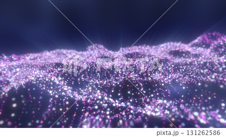 Abstract violet and pink glowing dot waves in a smooth flowing pattern over a dark digital background 131262586
