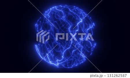 Abstract glowing electric blue sphere with tangled flowing energy lines 131262587