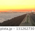 大空を赤く染める夕焼けと紅富士を背景に防波堤に座る白い大型犬 131262730