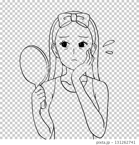 黑白插圖:一位女士照鏡子,擔心自己眼睛周圍的皺紋 黑白插圖:一位女士照鏡子,擔心自己眼睛周圍的皺紋 131262741