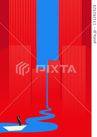 Bold colorful poster. Man in paper boat looking at red skyscrapers with flowing blue river path upward 131262828