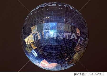 Party lights disco ball, mirror ball on night dark sky background. Party lights disco ball, mirror ball on night dark sky background. 131262965