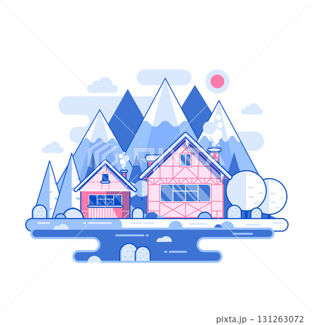 Snowy Winter Village in the Mountains in Line Art 131263072