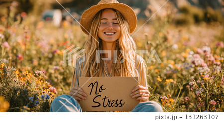 A Beautiful Young Woman Enjoys a Moment of Pure Serenity in a Colorful Spring Meadow - Generative Ai 131263107