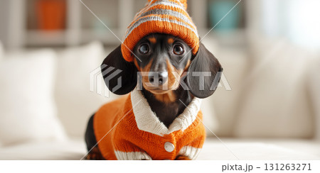 A Cute and Adorable Dachshund Dog Wearing a Cozy Orange Wool Sweater and Hat - Generative Ai 131263271
