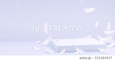 White feather falling on square podium White feather falling on square podium 131263417