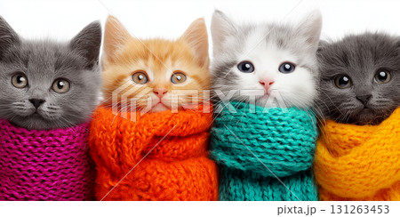 A Group of Adorable Kittens Wrapped in Warm Woolen Winter Clothes - Generative Ai 131263453