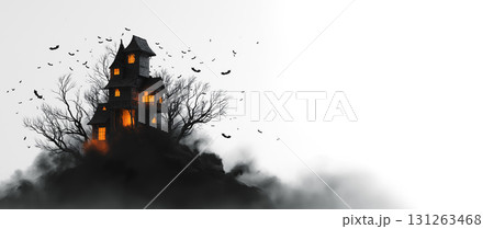 A Ghostly Castle Dissolving Into Black Smoke Isolated on White Background - Generative Ai 131263468