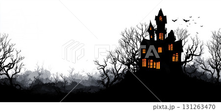 A Ghostly Castle Dissolving Into Black Smoke Isolated on White Background - Generative Ai 131263470
