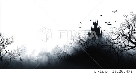 A Ghostly Castle Dissolving Into Black Smoke Isolated on White Background - Generative Ai 131263472