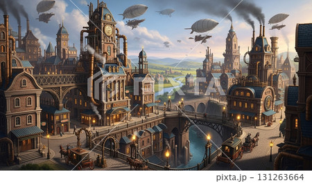 幻想的なスチームパンクの風景イラスト 幻想的なスチームパンクの風景イラスト 131263664