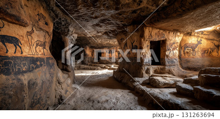 Ancient Prehistoric Cave Paintings Made by Early Homo Sapiens - Generative Ai 131263694