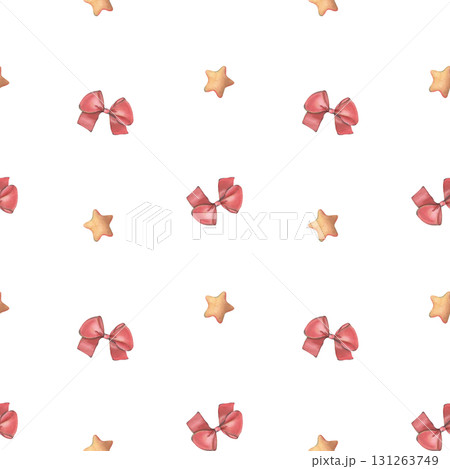 Seamless pattern with red bows and stars. Hand-painted watercolor illustration of decor elements isolated on white background for printing on textile, wallpaper, packaging, stationery, holiday designs 131263749
