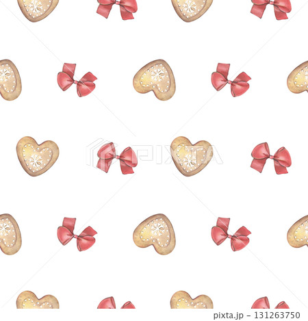 Seamless pattern with red bows and cookies. Hand-painted watercolor illustration isolated on white background for printing on textile, wallpaper, packaging, stationery, holiday, bakery designs Seamless pattern with red bows and cookies. Hand-painted watercolor illustration isolated on white background for printing on textile, wallpaper, packaging, stationery, holiday, bakery designs 131263750