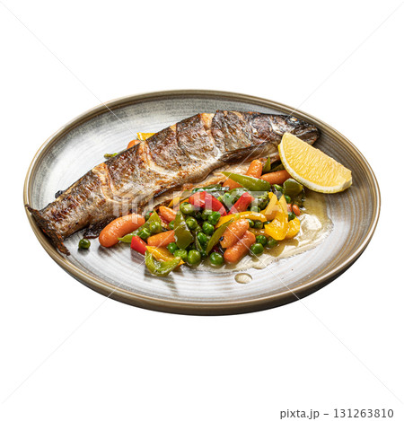 Isolated grilled trout with vegetables and lemon Isolated grilled trout with vegetables and lemon 131263810