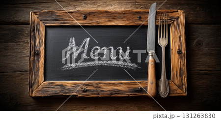 Blackboard on a Wooden Table with Text Menu and Silver Cutlery - Generative Ai 131263830