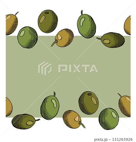 Olive berry seamless border horizontal frame template. Vector graphic line ink colored illustration. . Italian food. Olives wreath for Mediterranean diet. for invitation, label, advertisement Olive berry seamless border horizontal frame template. Vector graphic line ink colored illustration. . Italian food. Olives wreath for Mediterranean diet. for invitation, label, advertisement 131263926